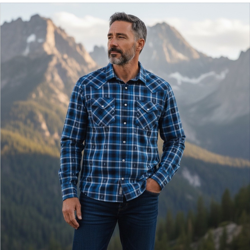 Pendleton NWT Frontier Long-Sleeve Plaid Snap Front Shirt, Blue & Black, Size L